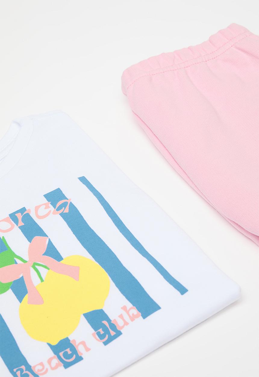 Pop Candy - Placement print tee with shorts - white/pink/mallorca beach club