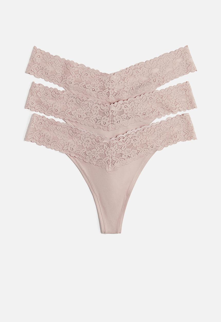 H&M - 3 pack microfibre and lace thong briefs - light dusty pink
