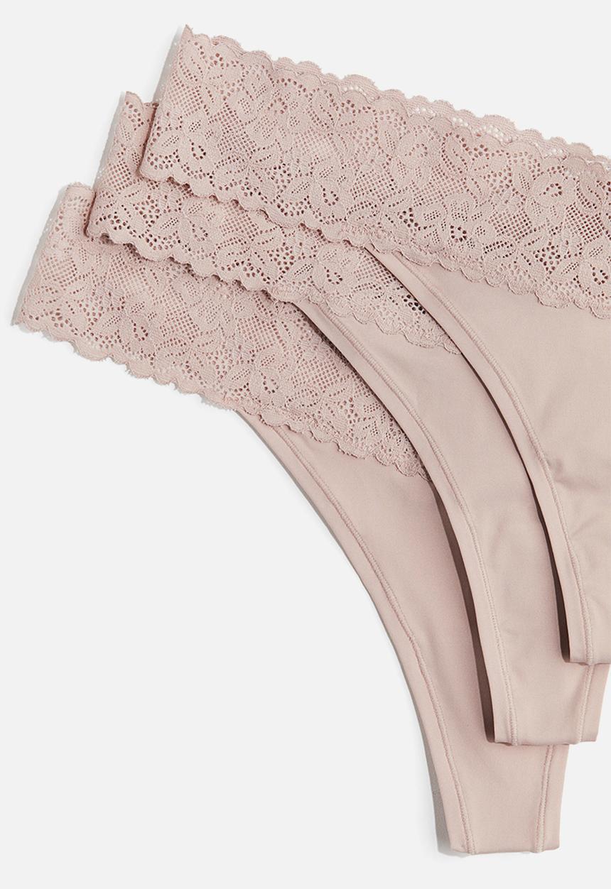 H&M - 3 pack microfibre and lace thong briefs - light dusty pink