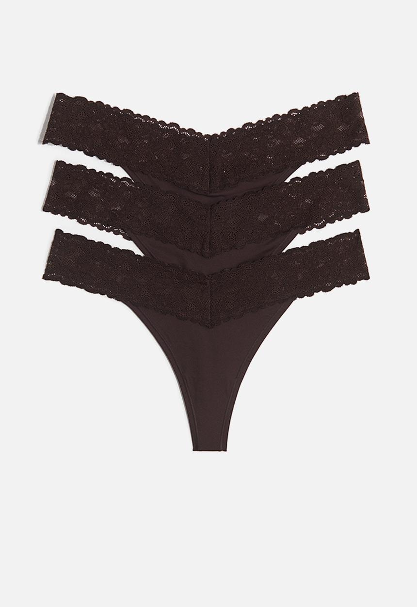 H&M - 3 pack microfibre and lace thong briefs - dark brown