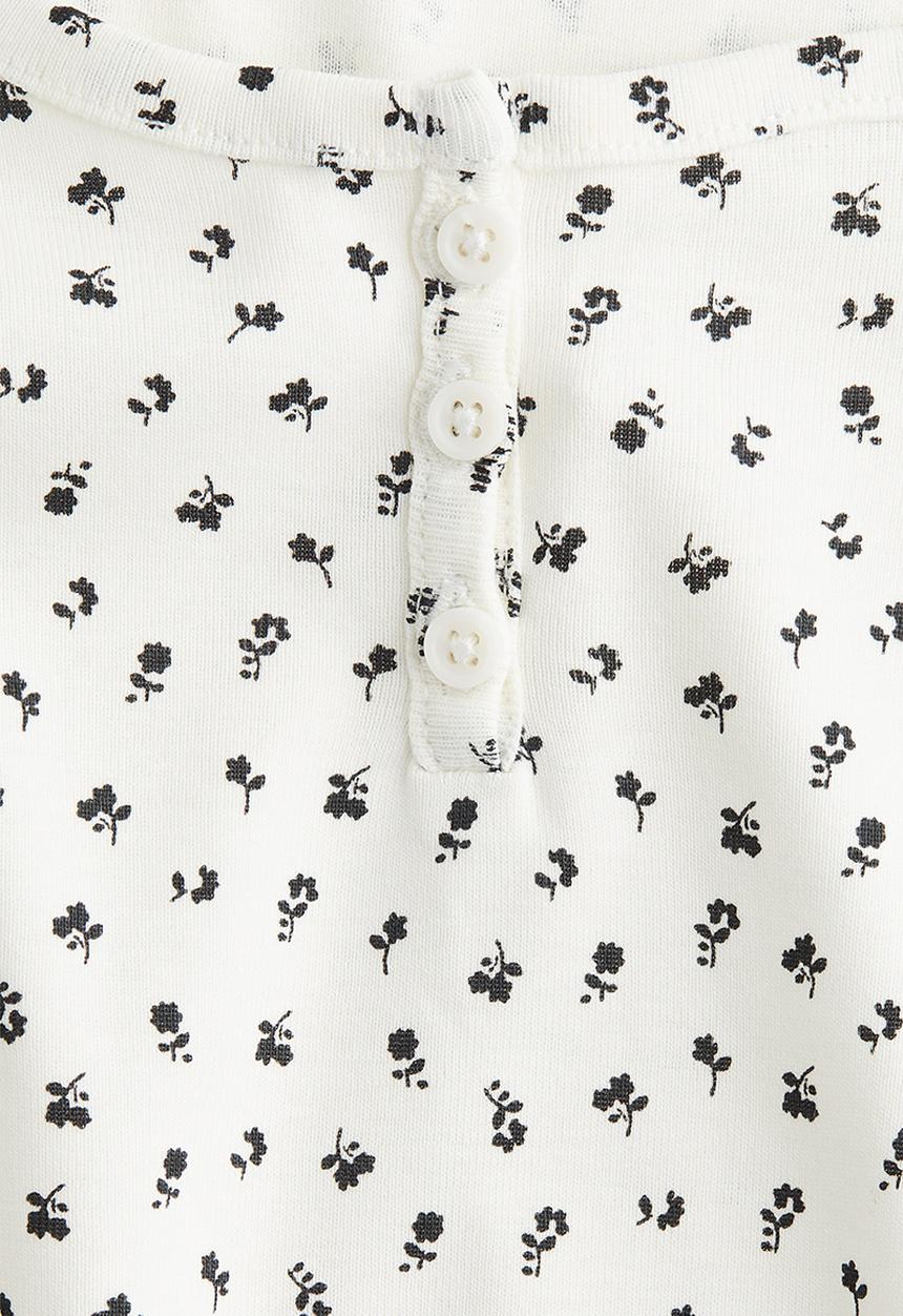 H&M - Button-top scoop-neck T-shirt - cream/floral