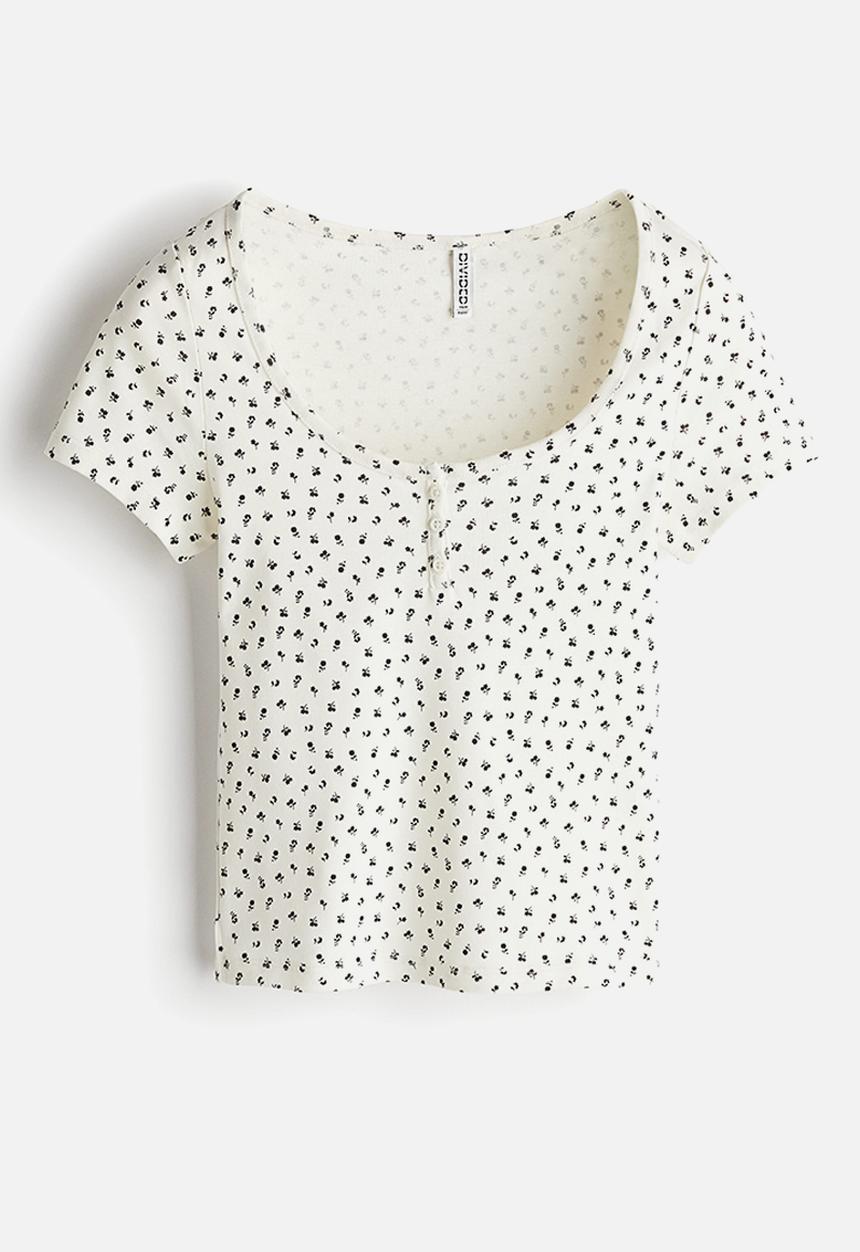 H&M - Button-top scoop-neck T-shirt - cream/floral