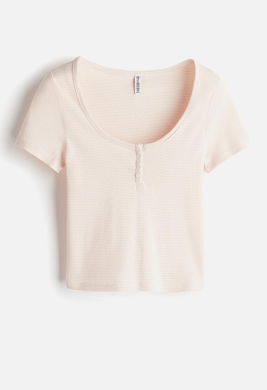 H&M - Button-top scoop-neck T-shirt - light pink/striped