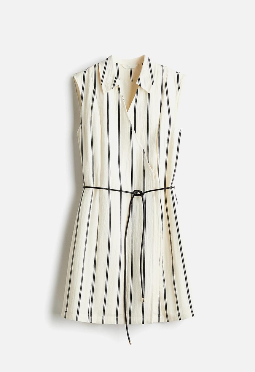 H&M - Tie-belt wrap dress - cream/black striped