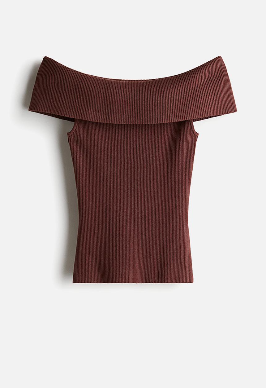 H&M - Rib-knit off-the-shoulder top - brown