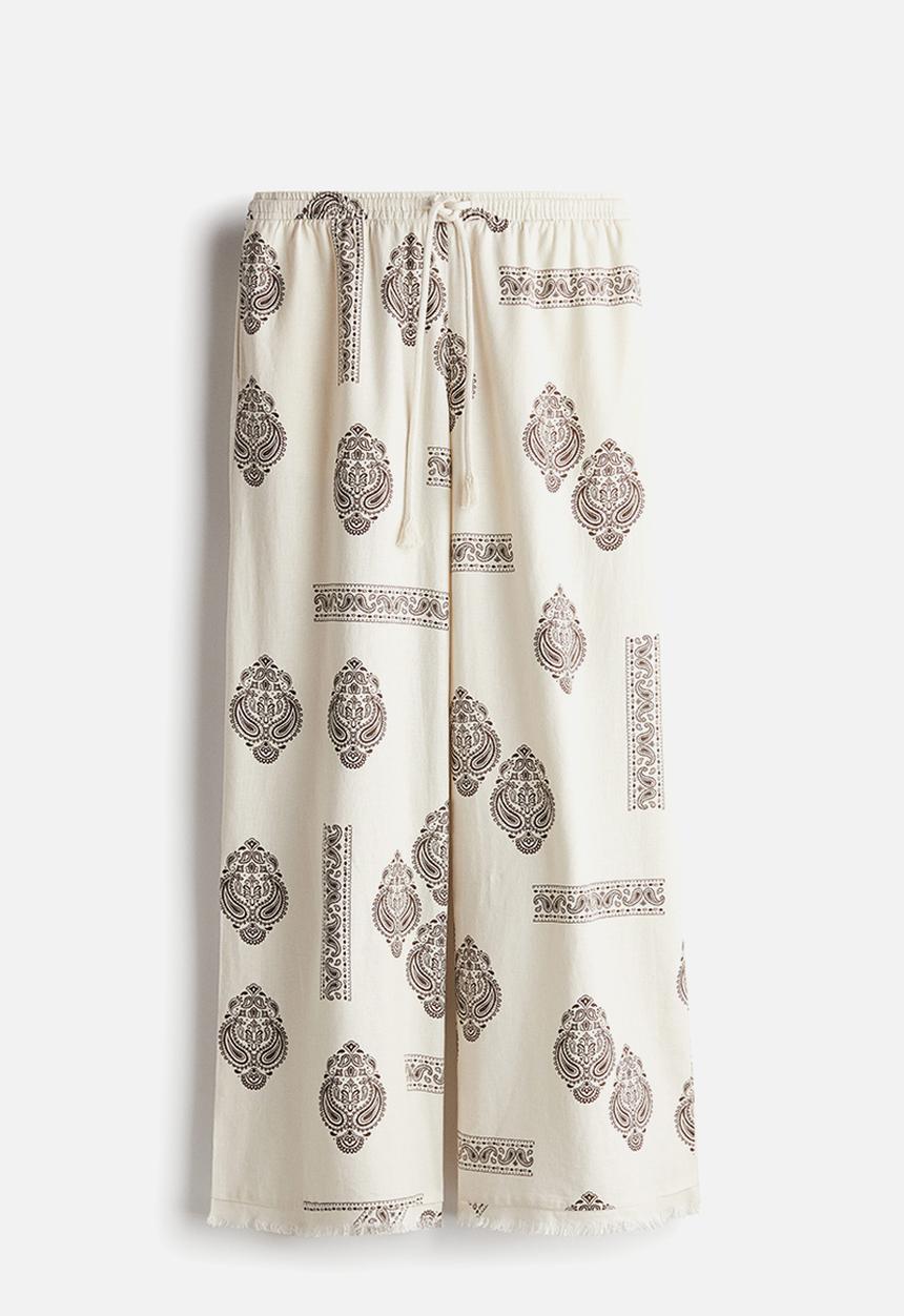 H&M - Linen-blend drawstring trousers -  light beige/paisley-patterned 