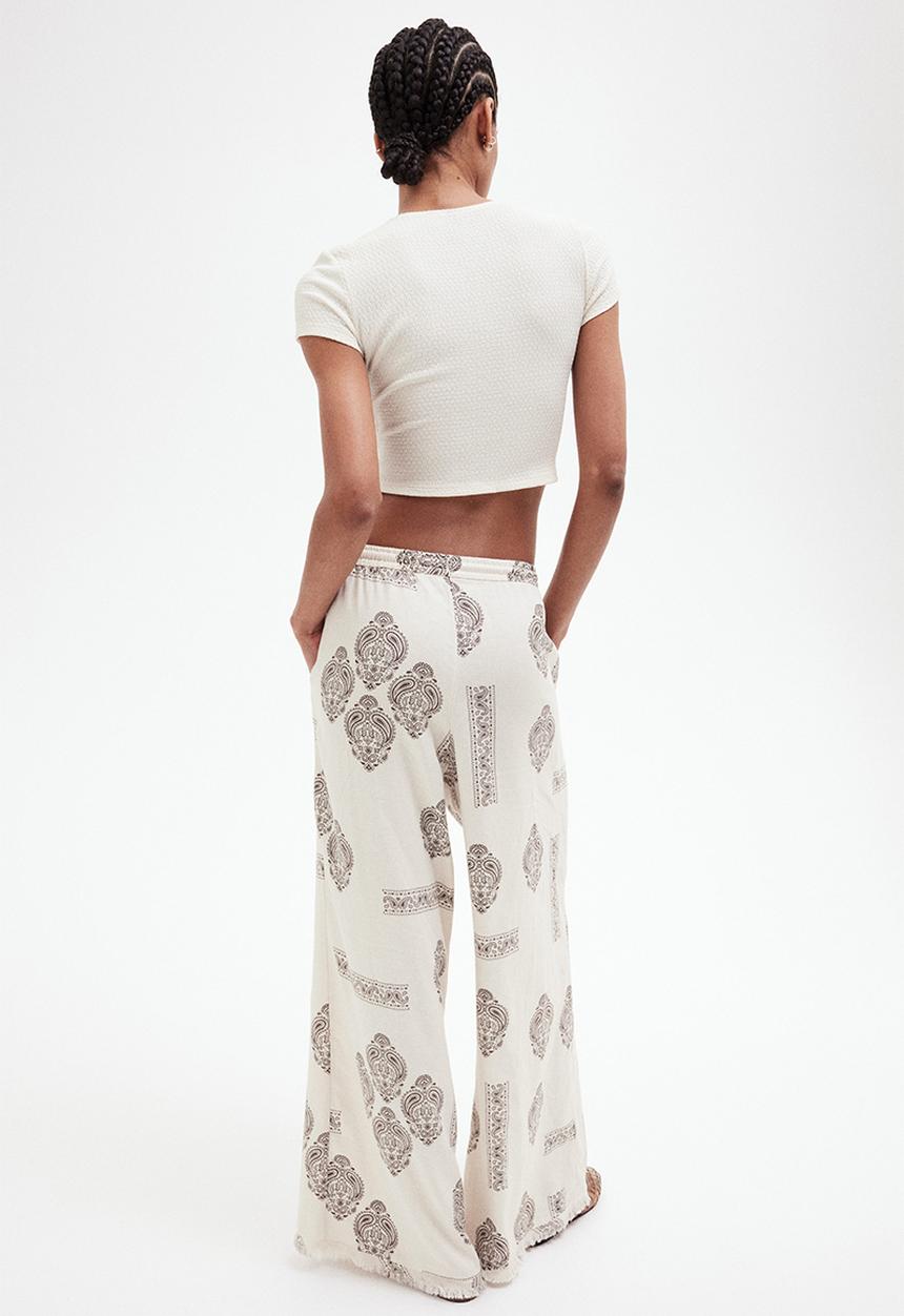 H&M - Linen-blend drawstring trousers -  light beige/paisley-patterned 
