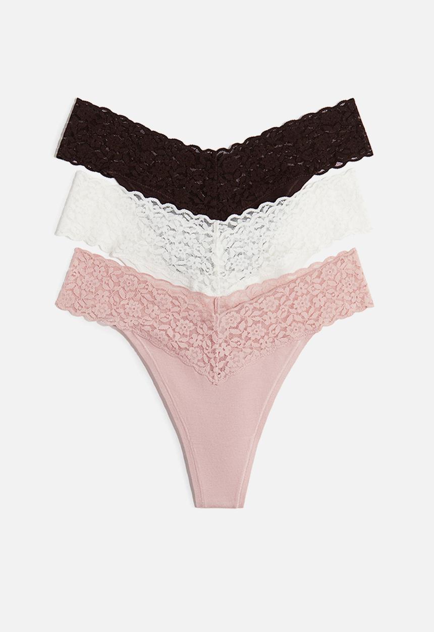 H&M - 3-pack cotton and lace thong briefs -  light pink