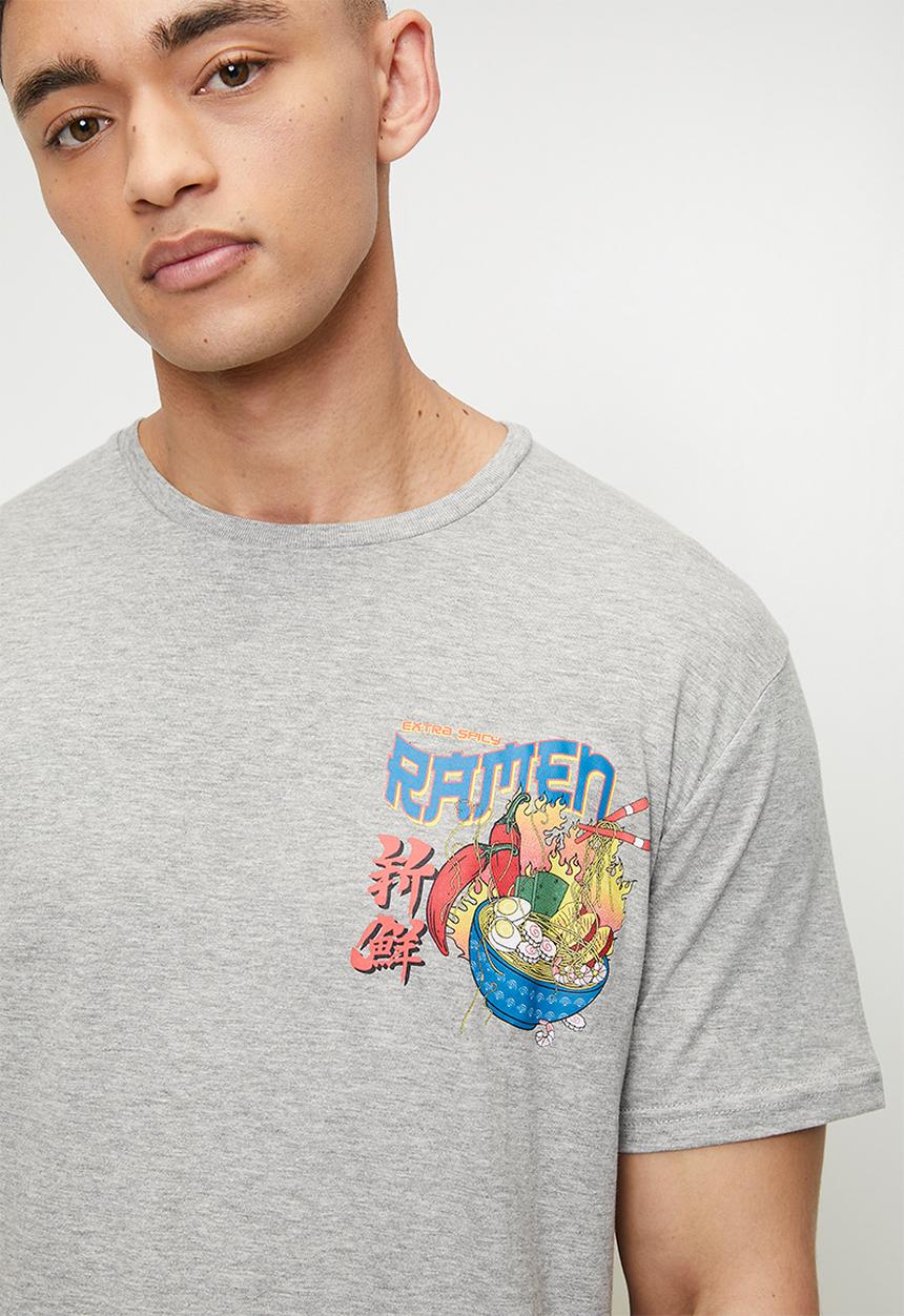 Brave Soul - Ramen Print T-Shirts - Light Grey Marl
