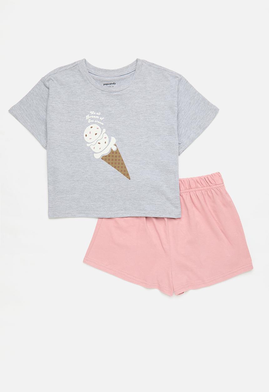 Pop Candy - Pj set with slogan & graphic print - grey/pink