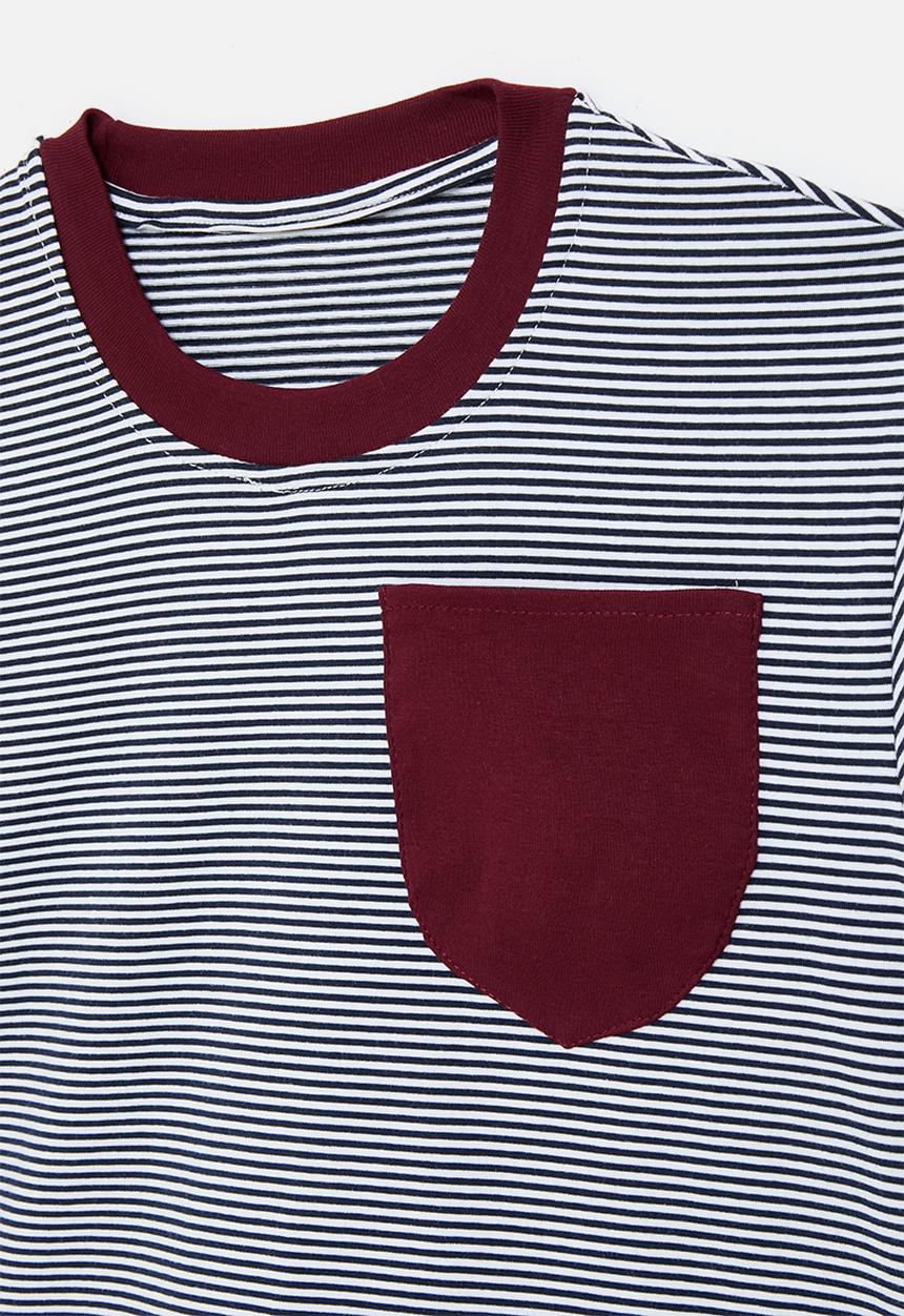 Pop Candy - Pin-stripe tee with contrast pocket - maroon/stripes