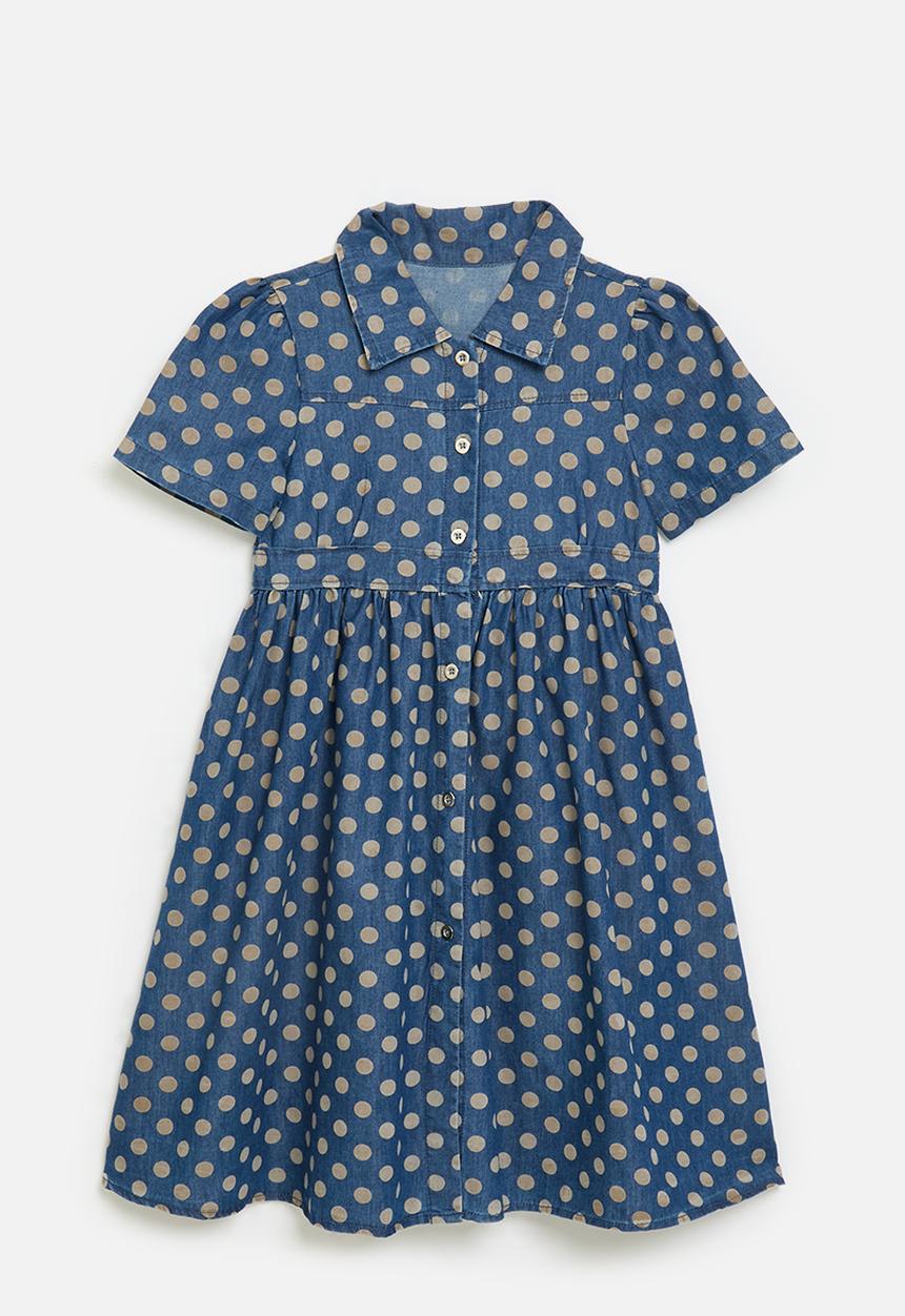 Pop Candy - Beige polka dot denim shirt dress - blue