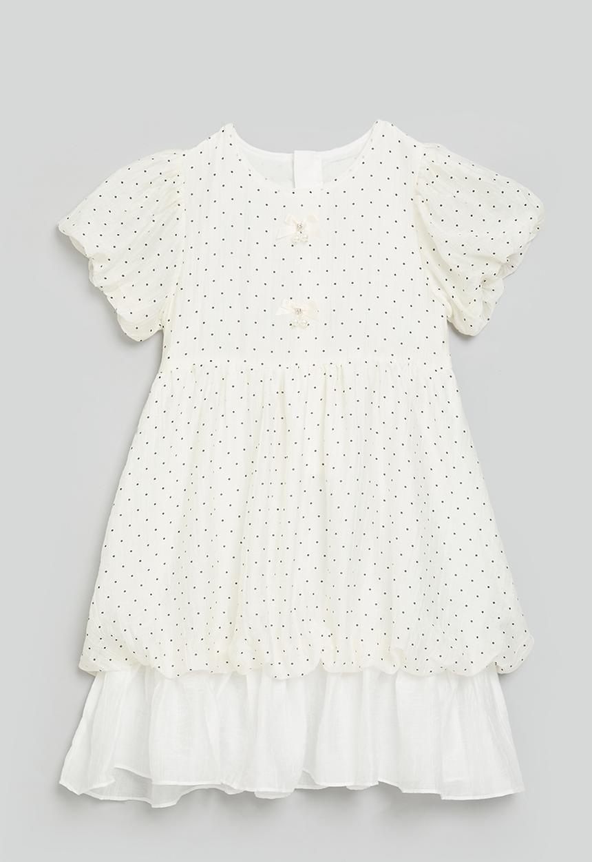 Pop Candy - Bubble sleeve dress with gathered frill hem- cream/polka dots