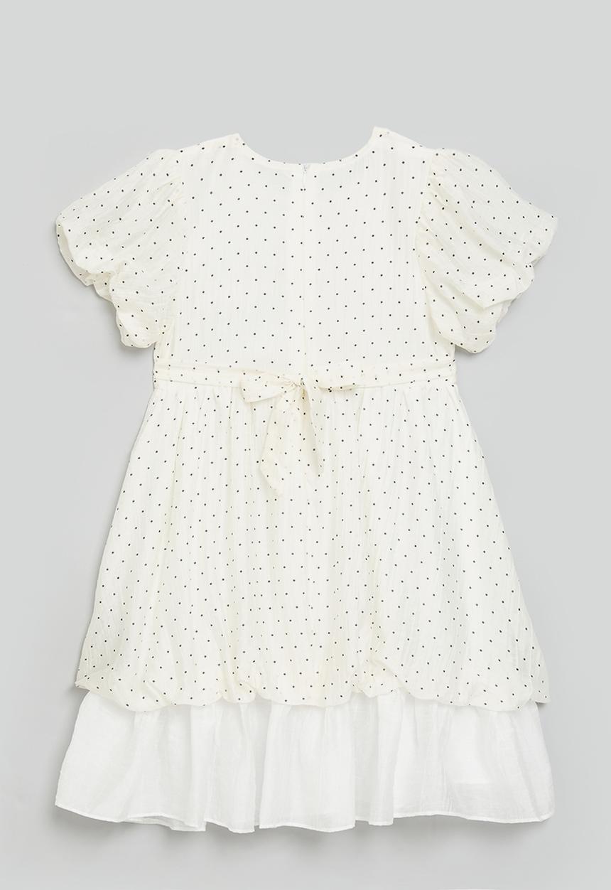 Pop Candy - Bubble sleeve dress with gathered frill hem- cream/polka dots