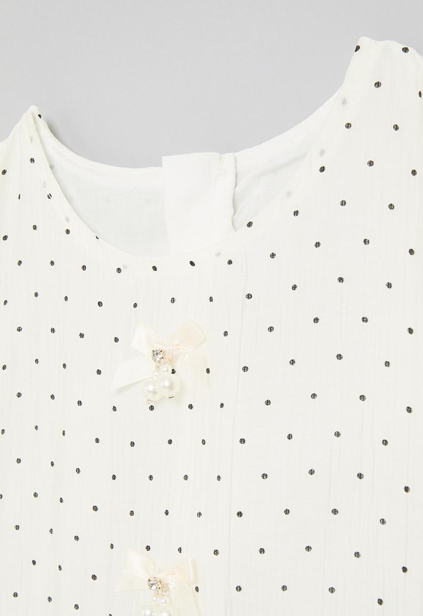 Pop Candy - Bubble sleeve dress with gathered frill hem- cream/polka dots