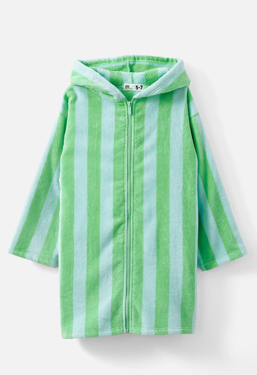 Cotton On - Kids zip thru hooded towel - blue aura/tennis green bold stripe