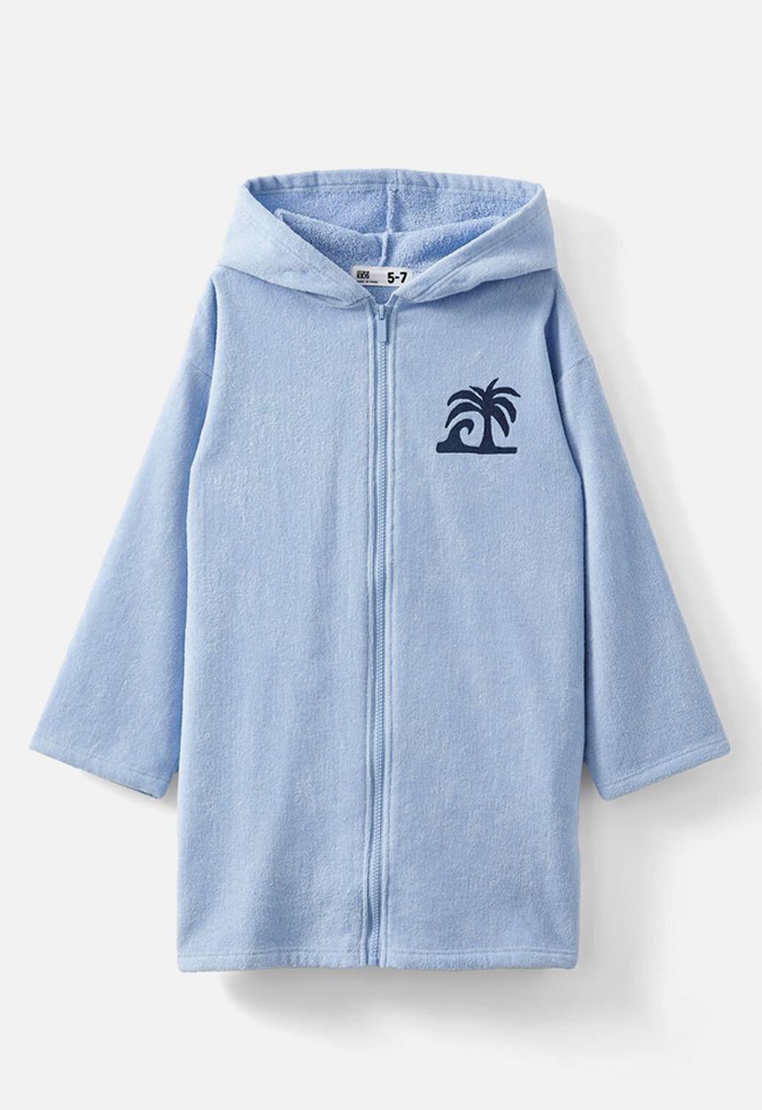 Cotton On - Kids zip thru hooded towel - dawn blue/palms