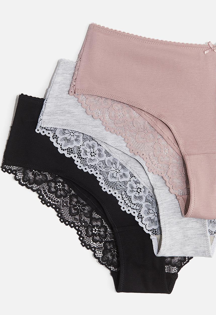 H&M - 3-Pack cotton and lace hipster briefs - dusty pink/light grey marl