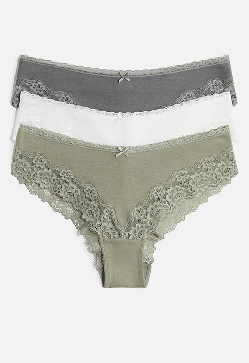 H&M - 3-Pack cotton and lace hipster briefs - khaki green/grey-green