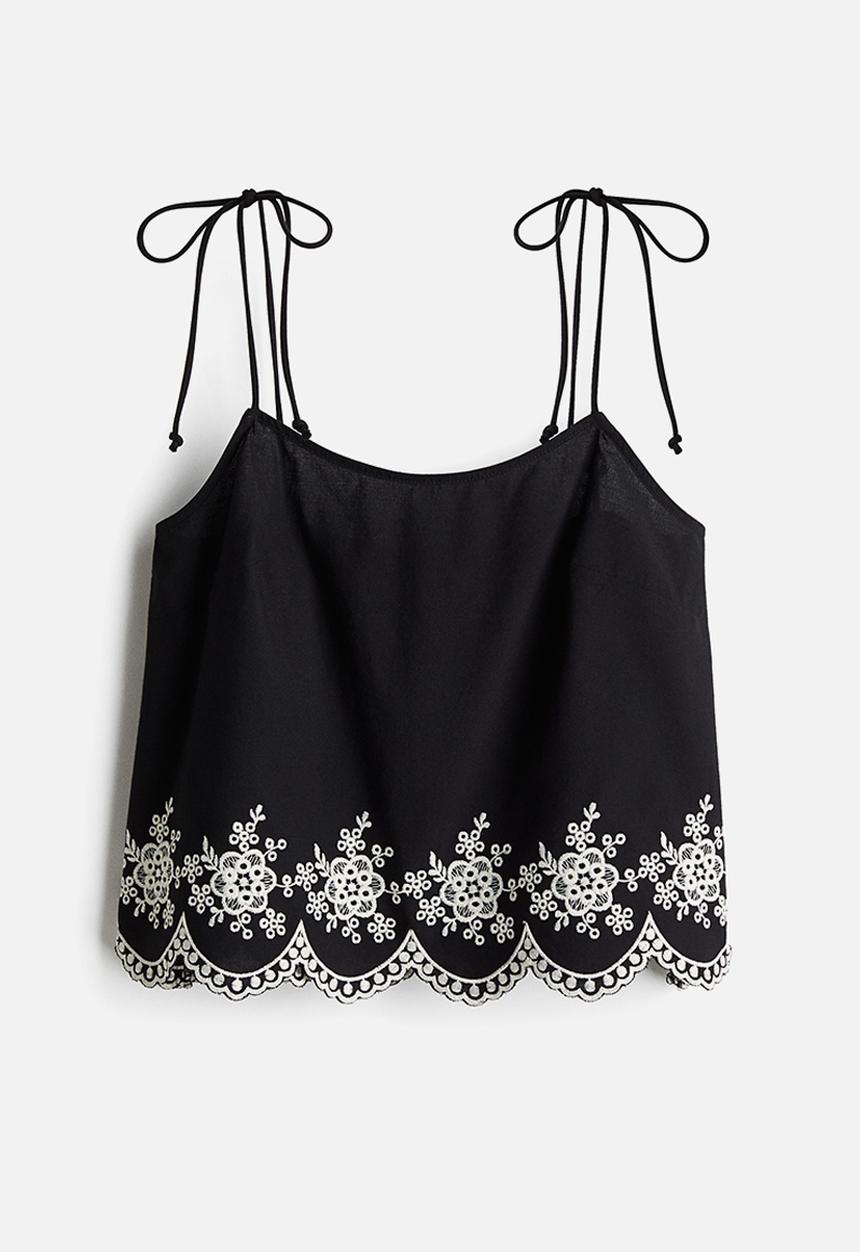 H&M - Embroidered tie-strap top - black flowers