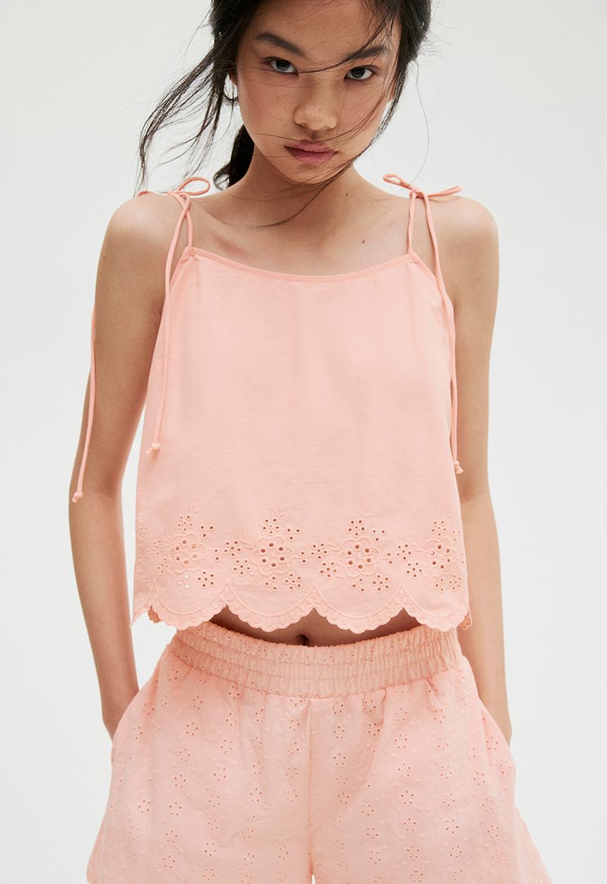 H&M - Embroidered tie-strap top - peach pink