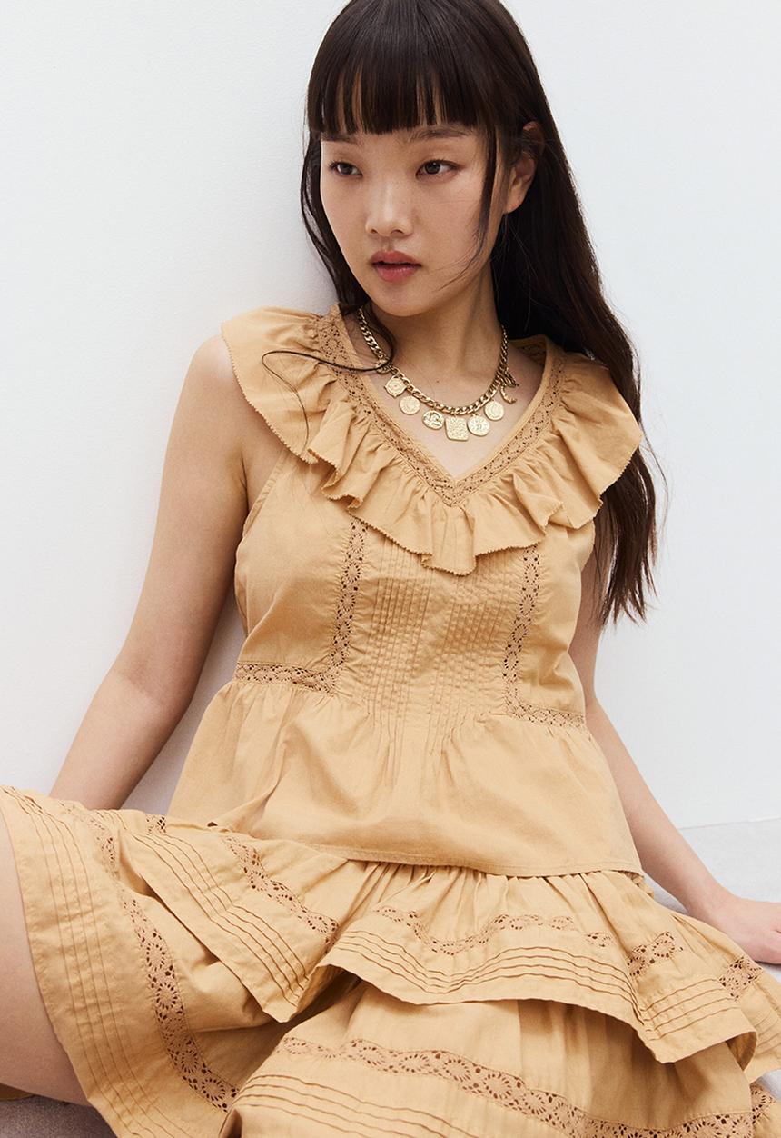 H&M - Frill-trimmed cotton vest top - beige