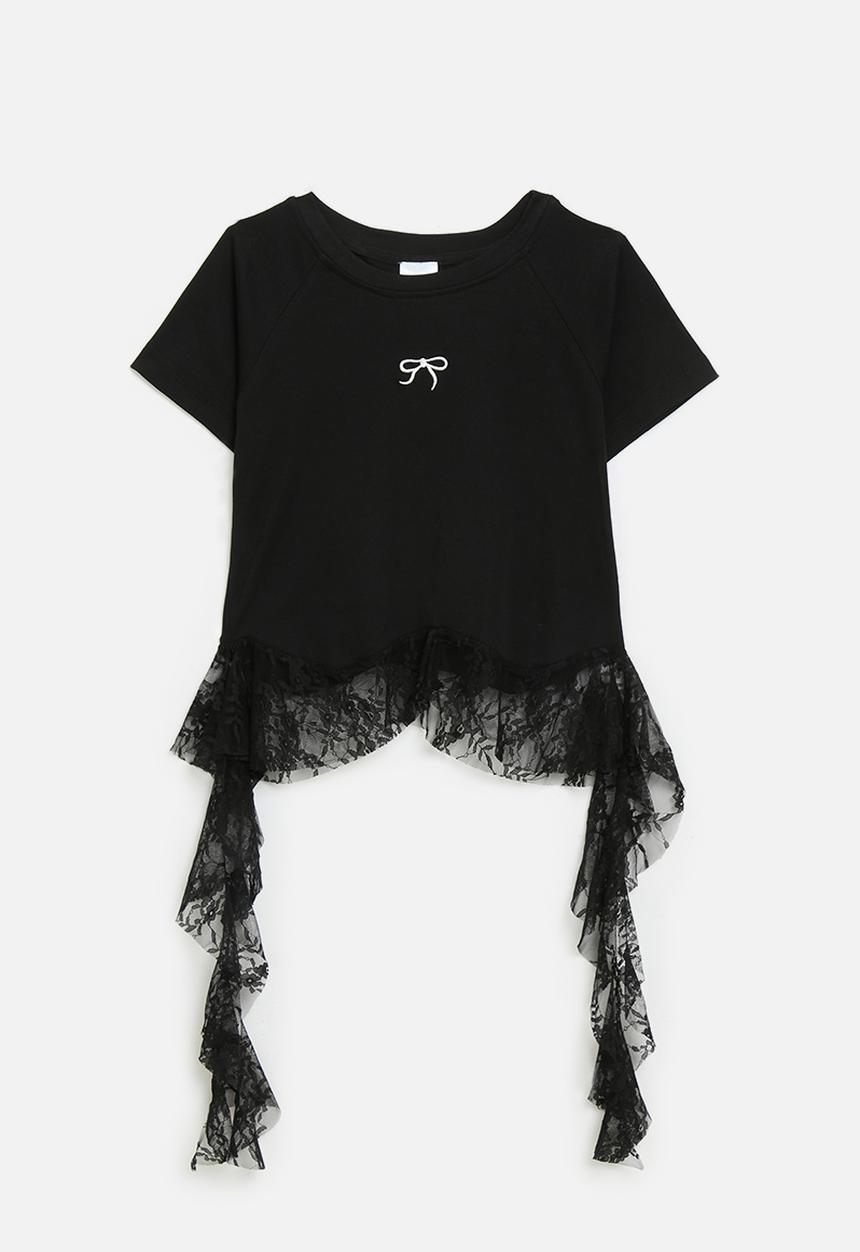 Pop Candy - Cascade lace frill tee with mini bow graphic - black