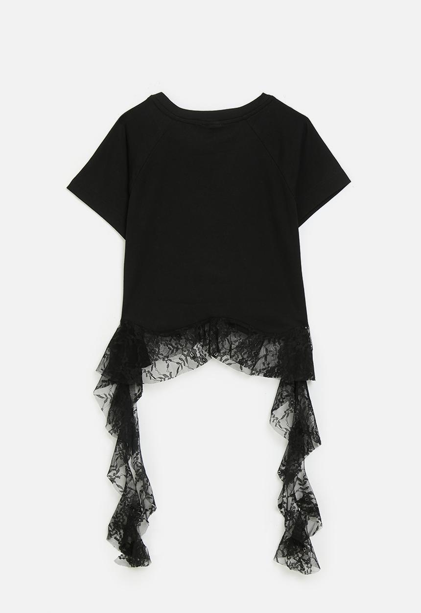 Pop Candy - Cascade lace frill tee with mini bow graphic - black