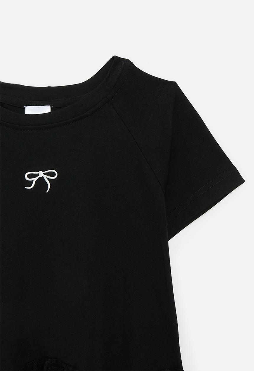 Pop Candy - Cascade lace frill tee with mini bow graphic - black