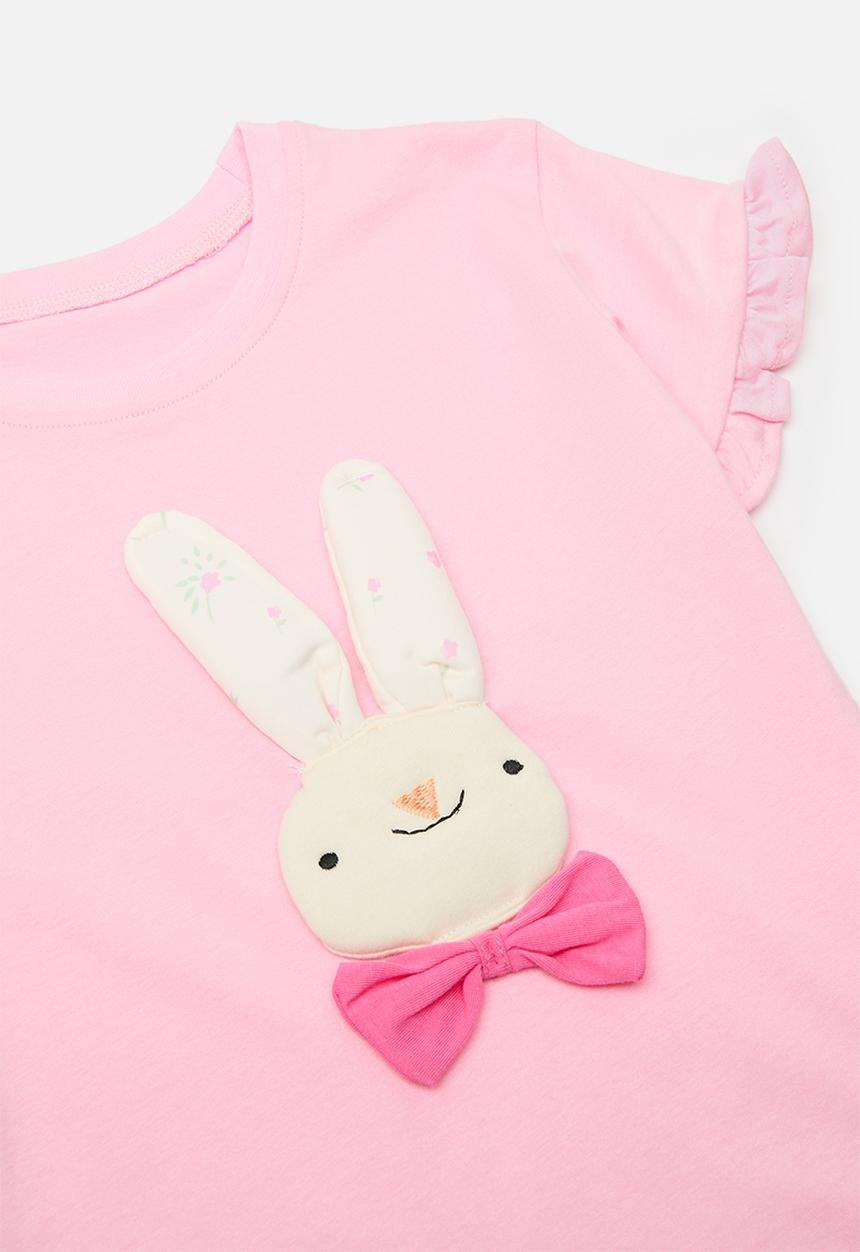 Pop Candy - Top with padded bunny applique & striped shorts - pink