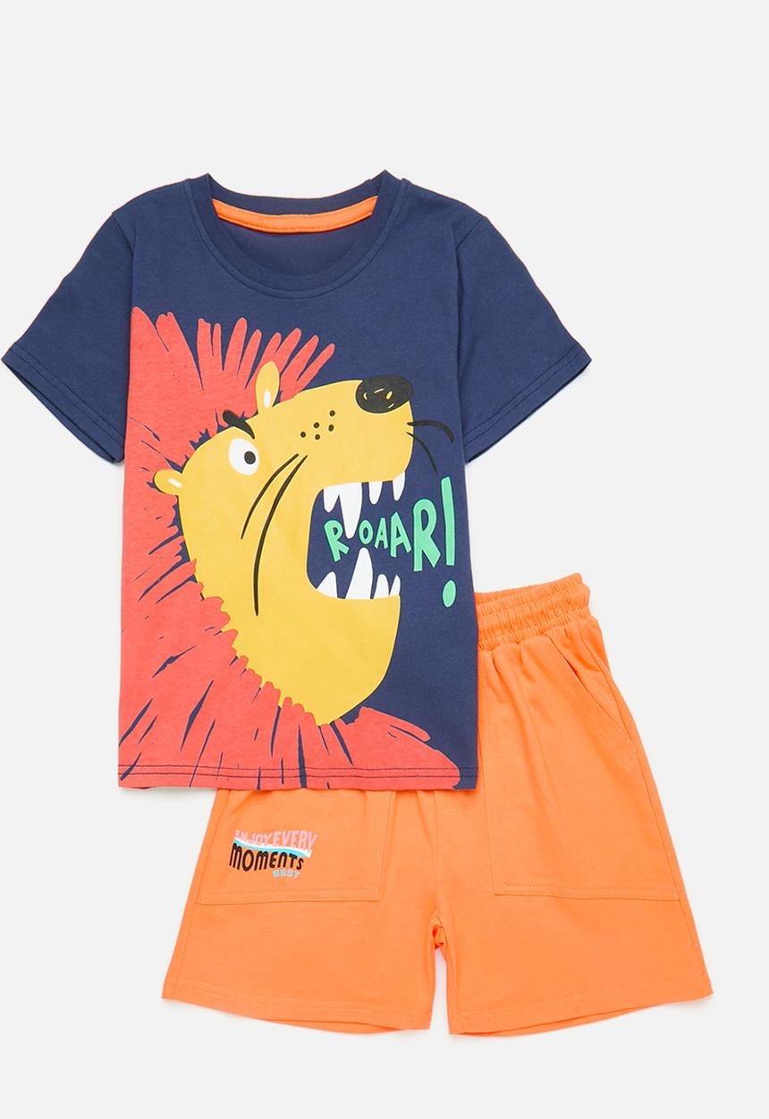 Pop Candy - Roaring lion graphic print tee with shorts - blue/orange/multi