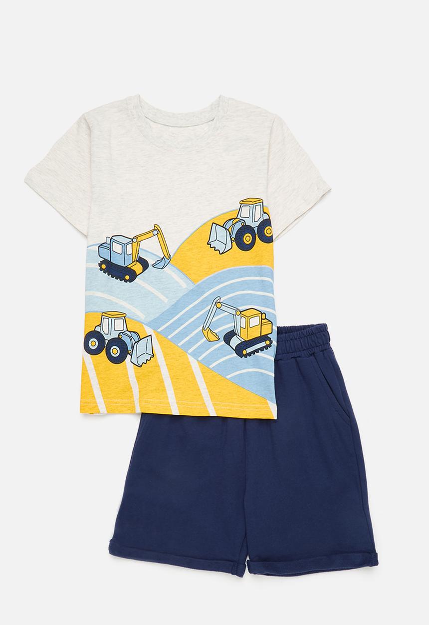 Pop Candy - Graphic print tee & short set - white/bulldozers/navy