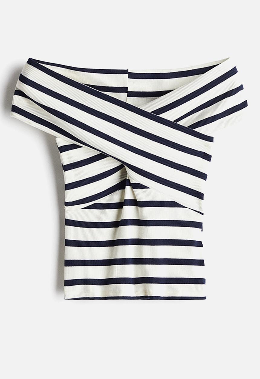 H&M - Off-the-shoulder top - white & navy blue striped