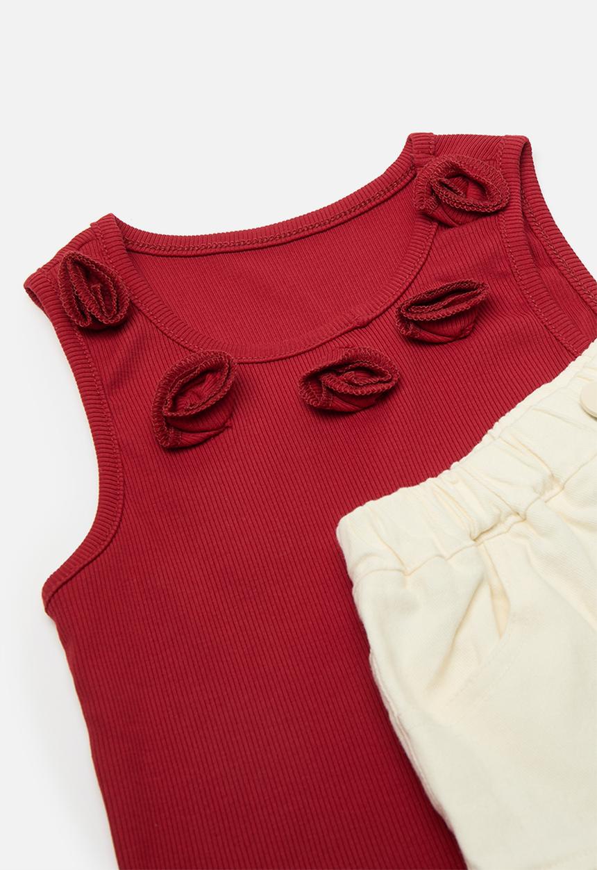 Pop Candy - Rose embellished neck top with frilled tier shorts - rich red/white