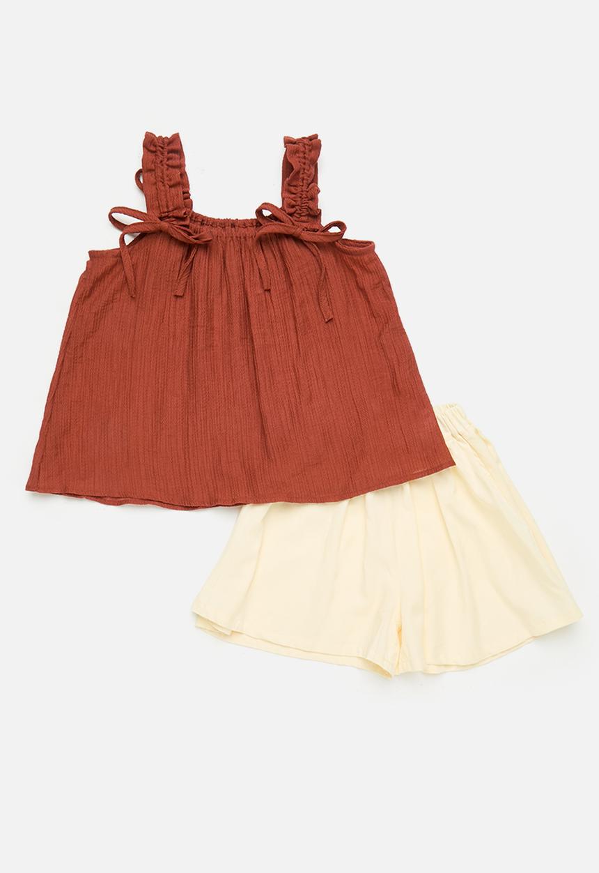 Pop Candy - Top with drawstring straps & flared shorts - rust/cream