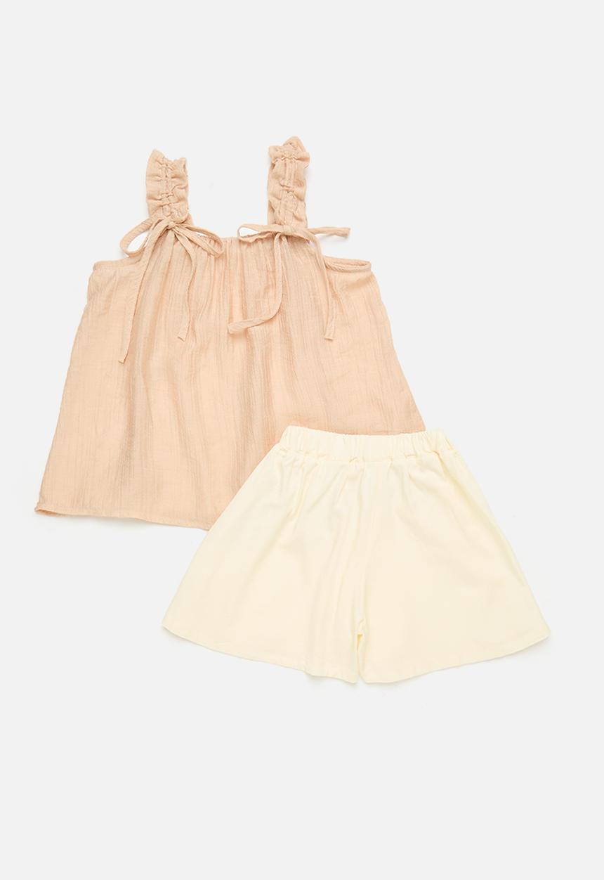 Pop Candy - Drawstring shoulder top with flared shorts - peach puff/vanilla