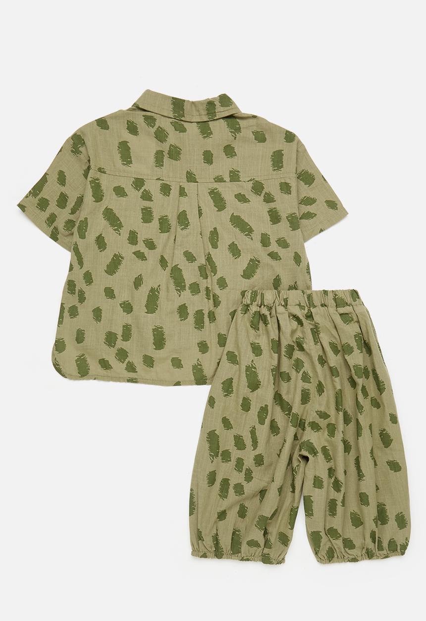 Pop Candy - Dolphin hem shirt & shorts set - khaki green/aop
