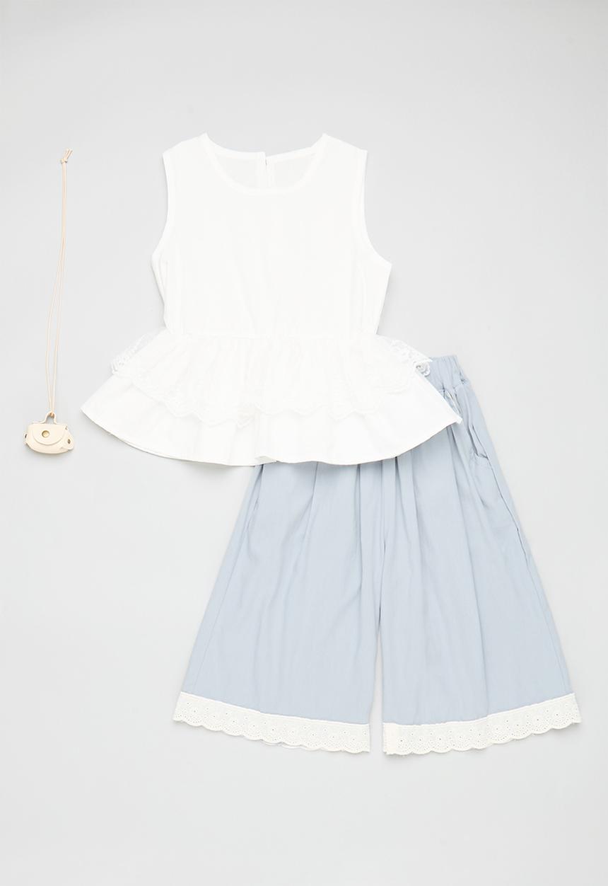 Pop Candy - Layered peplum top with lace trim pants - white/blue