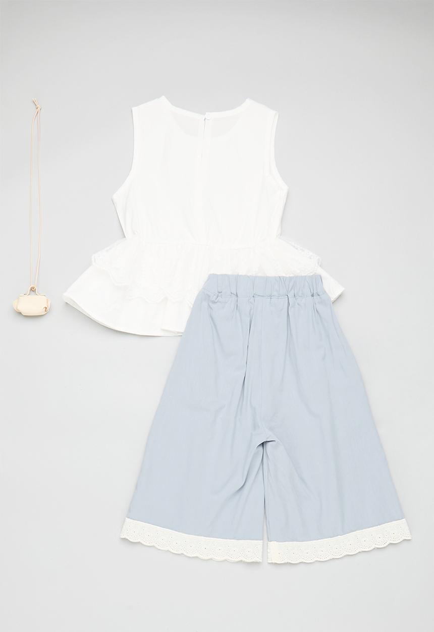 Pop Candy - Layered peplum top with lace trim pants - white/blue
