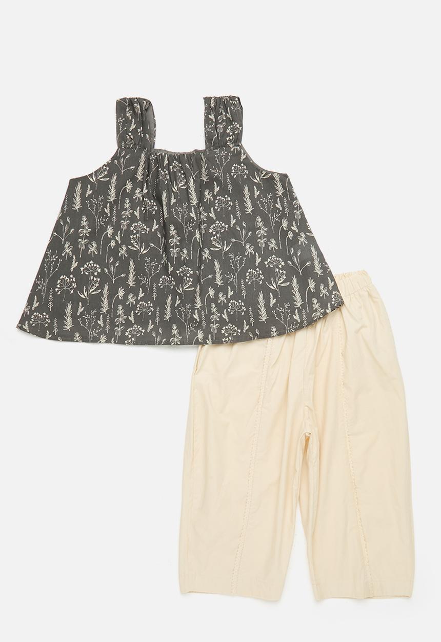 Pop Candy - Floral printed tent top with barrel leg pants - dark grey/eggshell