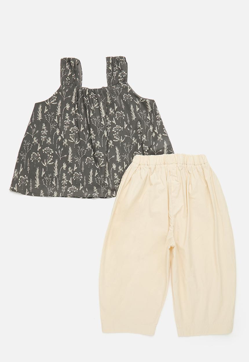 Pop Candy - Floral printed tent top with barrel leg pants - dark grey/eggshell