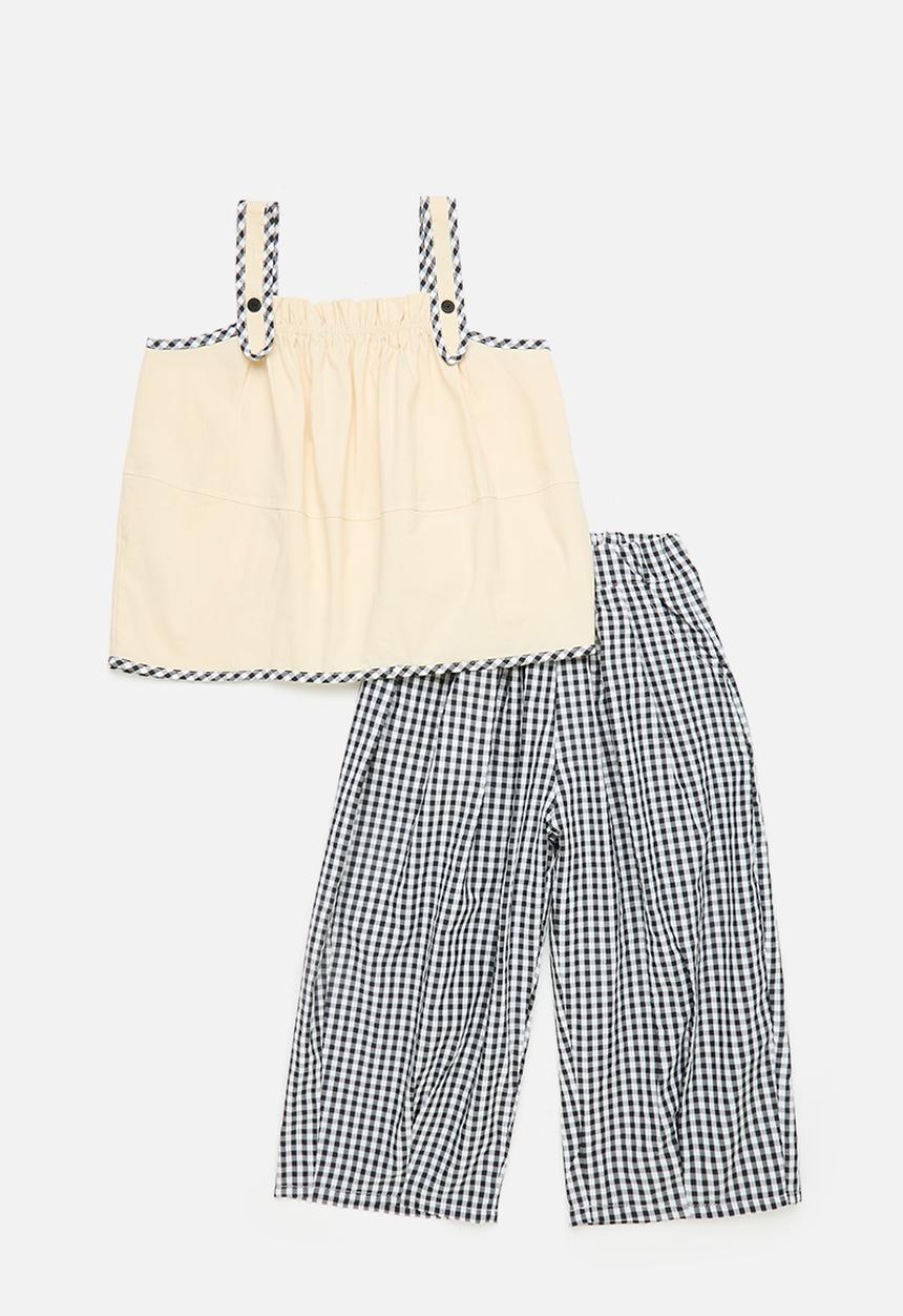 Pop Candy - Epaulette top with wide leg pants - ecru/black gingham