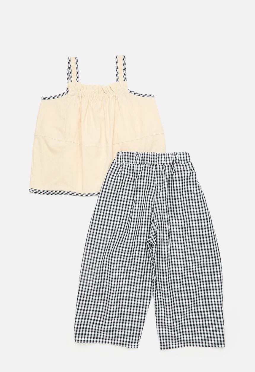 Pop Candy - Epaulette top with wide leg pants - ecru/black gingham