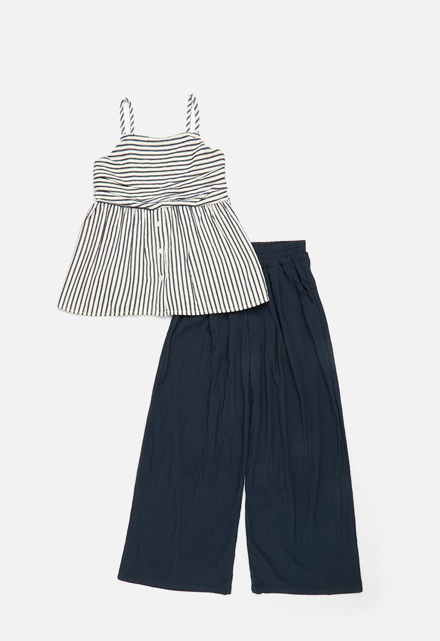 Pop Candy - Square neck peplum top with wide leg pants - sandwich stripes