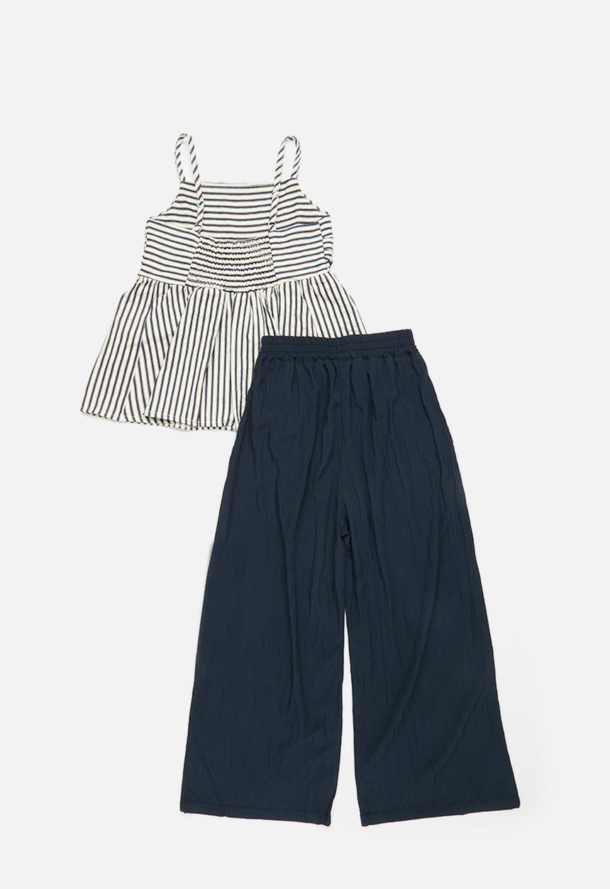 Pop Candy - Square neck peplum top with wide leg pants - sandwich stripes