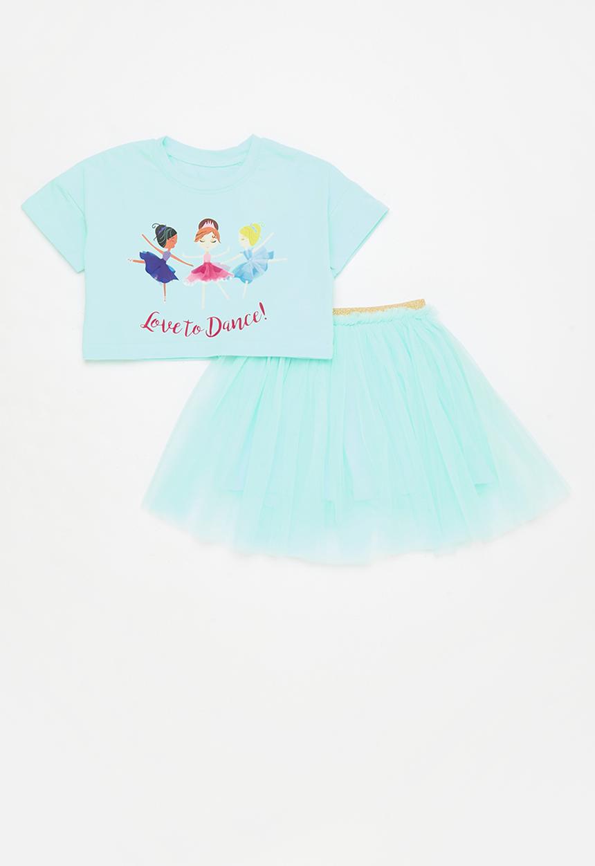 Pop Candy - Placement print tee with full gather tulle skirt - blue