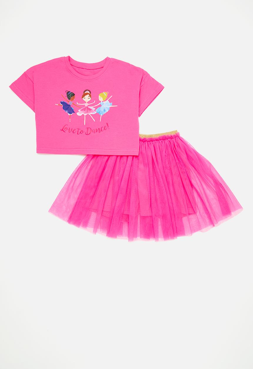 Pop Candy - Placement print tee with full gather tulle skirt - pink