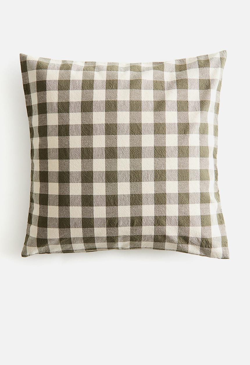 H&M - Gingham-checked cotton cushion cover - khaki green gingham check
