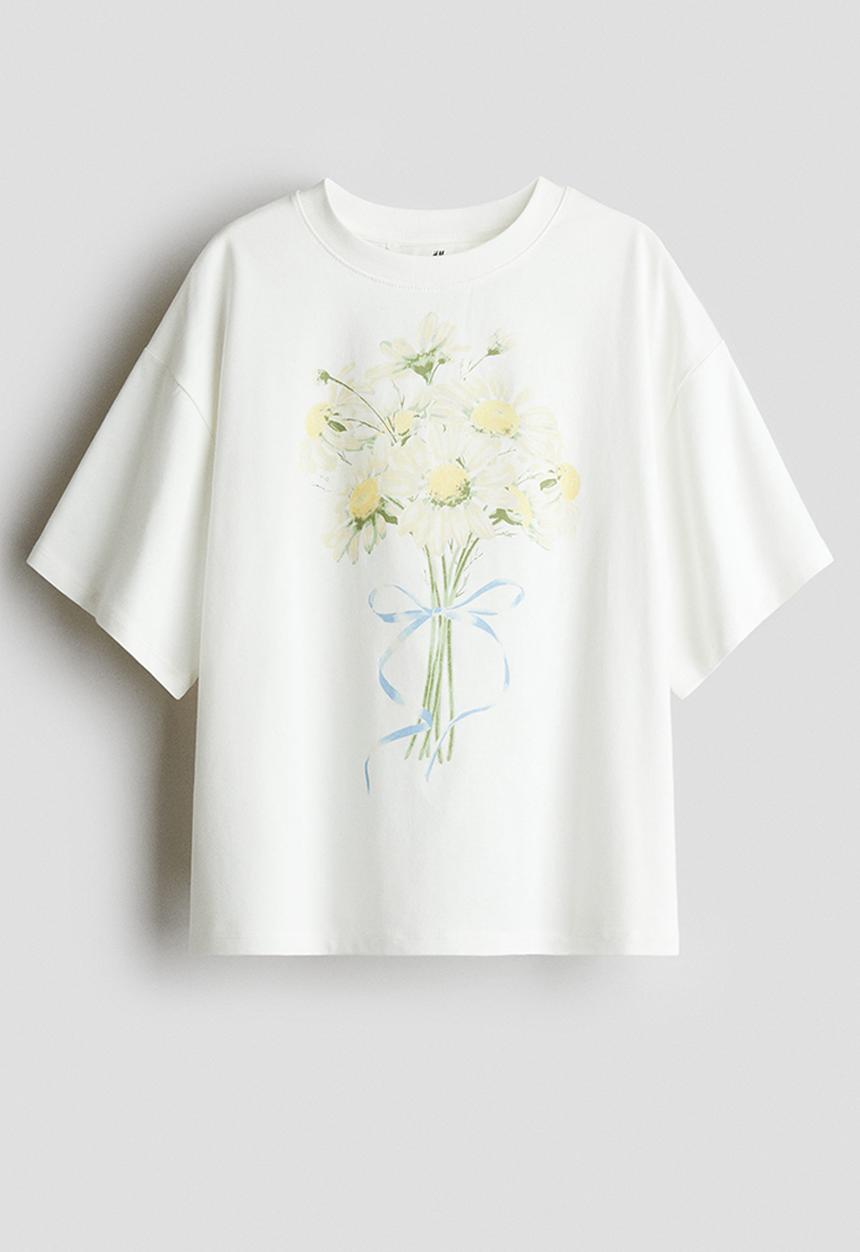 H&M - Oversized cotton t-shirt - white flowers 