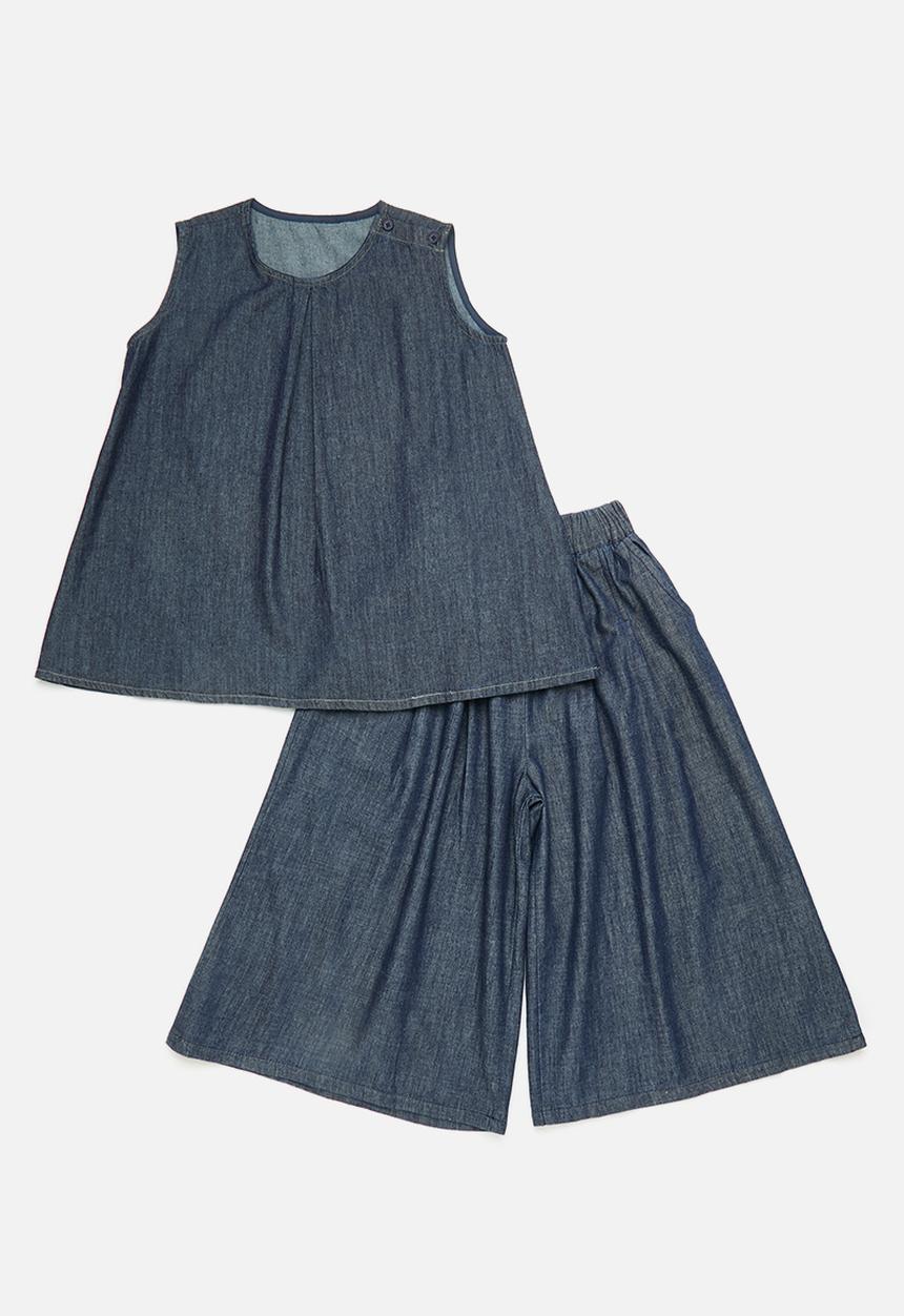 Pop Candy - Inverted pleat denim top with wide leg pants - dark blue